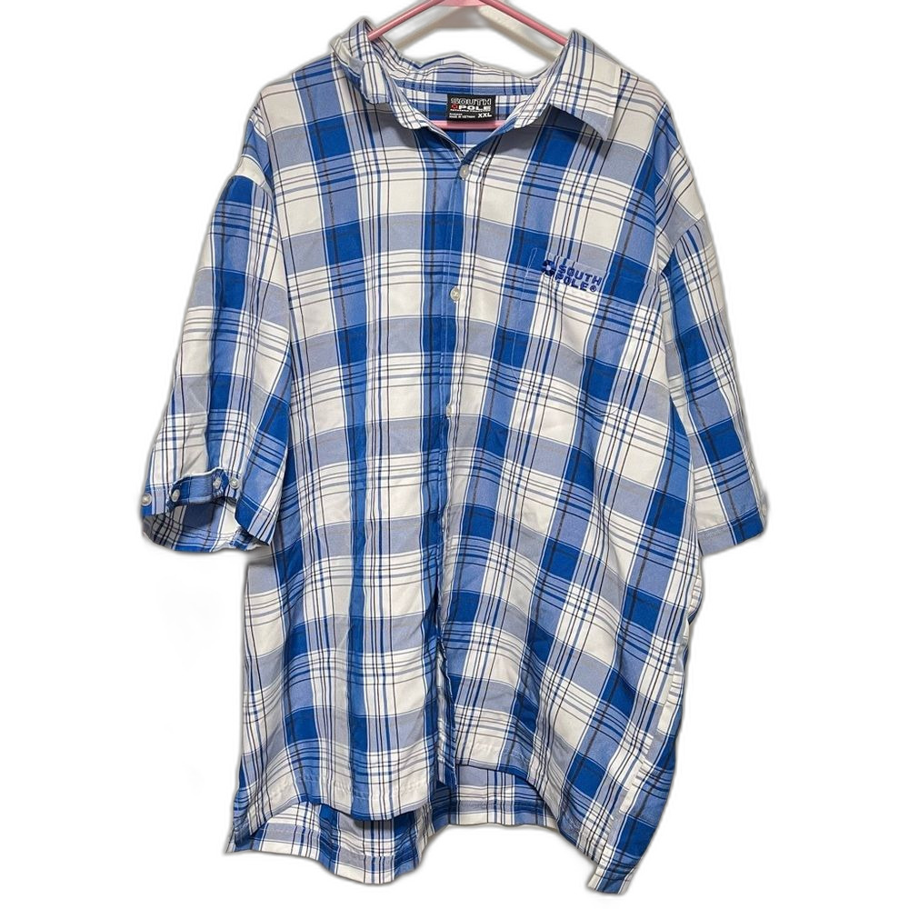 South Pole Men's Blue White Plaid Streetwear Short Sleeve Button Up XXL